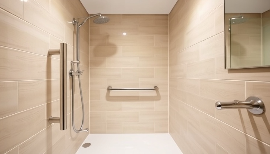 Modern bathroom with a sleek handrail for safety.