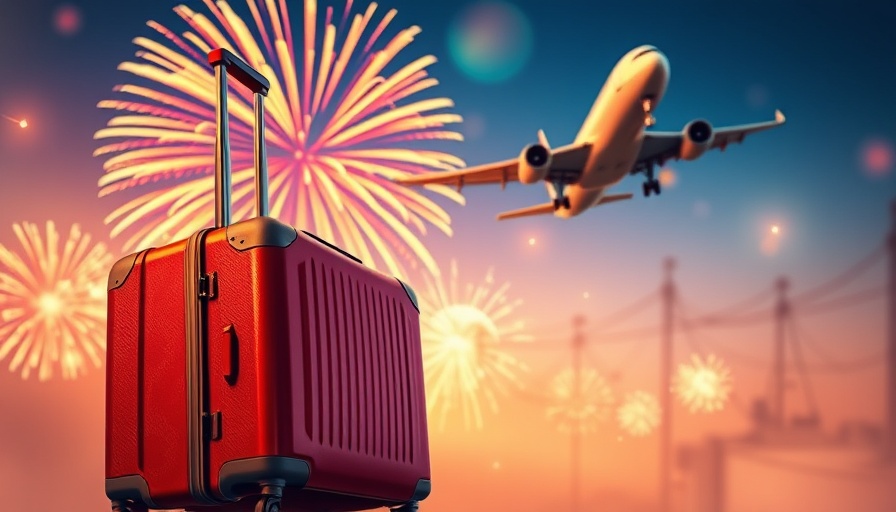 Colorful travel ad with luggage and airplane.