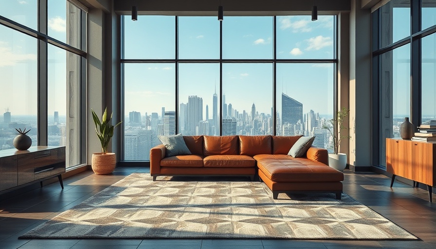 Stylish living room with noise-reducing carpet and city view.