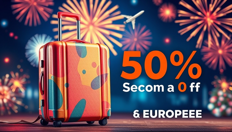 Colorful travel ad with suitcase and airplane, vibrant promotion.