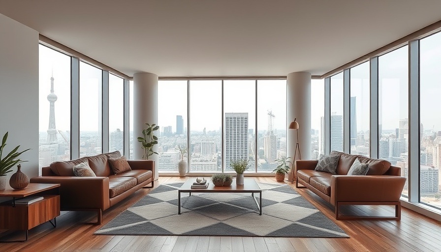 Modern living room in urban apartment, emphasizing comfort and style.