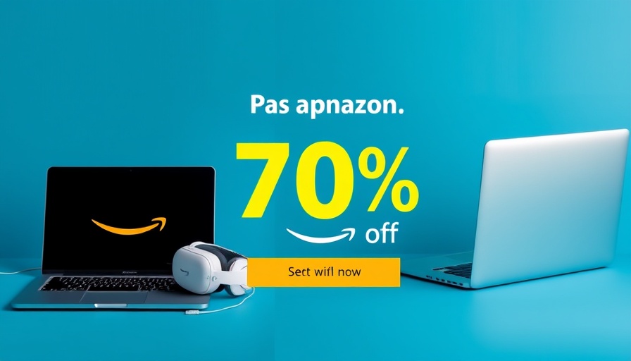 Tech ad with Amazon discount on headphones, VR headset, laptop