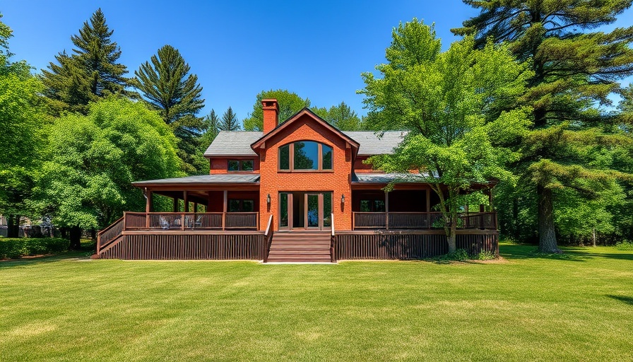 Elevated red brick house with deck, ideal for HVAC solutions.