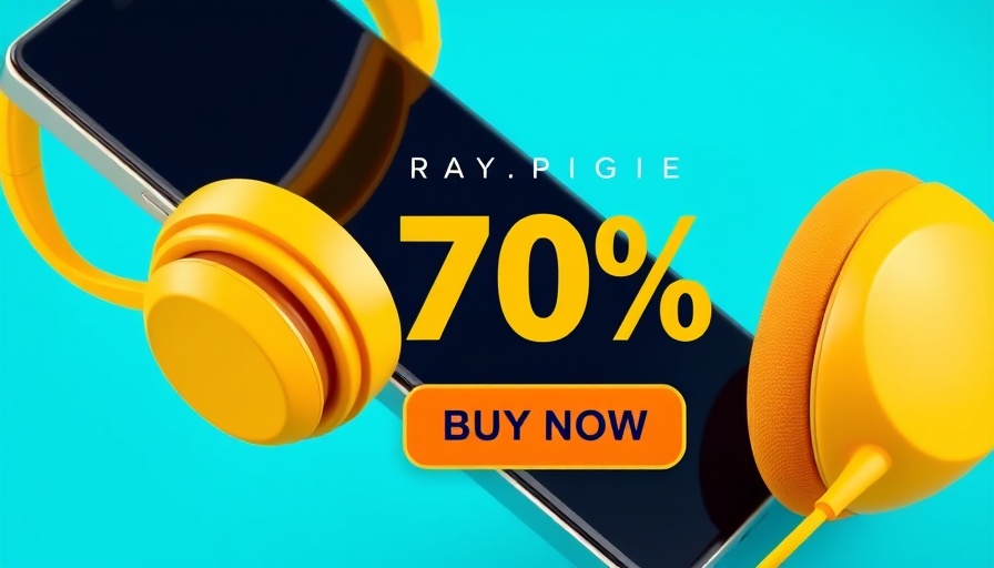 Colorful ad with phone and headphones promoting discount.