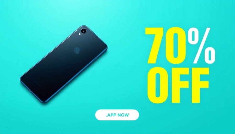 Amazon discount ad with phone and headphones, turquoise background.