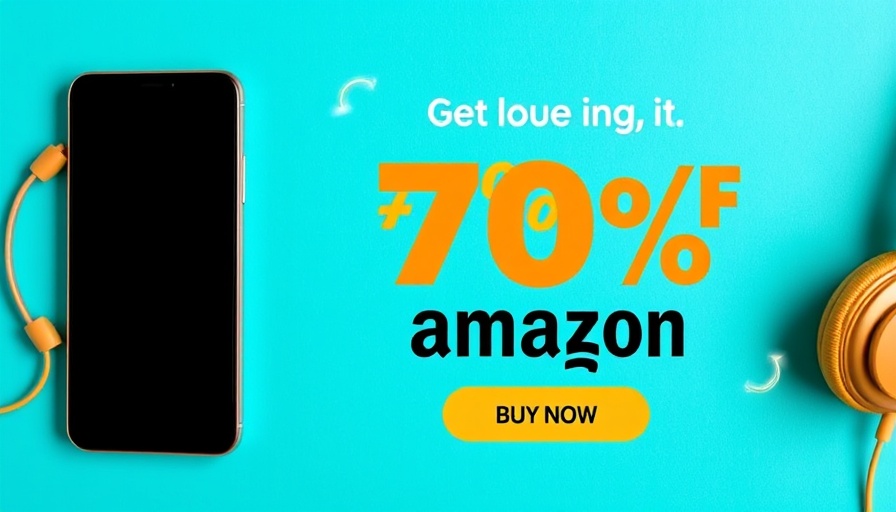 Advertisement banner with smartphone and headphones, promoting discount.