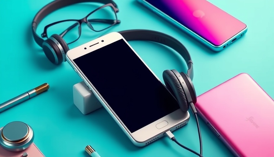 Technology advertisement featuring a smartphone and headphones.