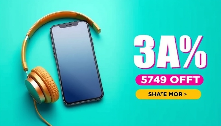 Advertisement banner with smartphone and headphones, discount offer.