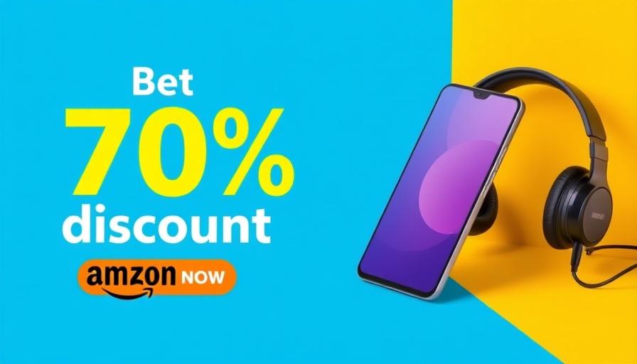 Vibrant ad with smartphone and headphones offering discounts.
