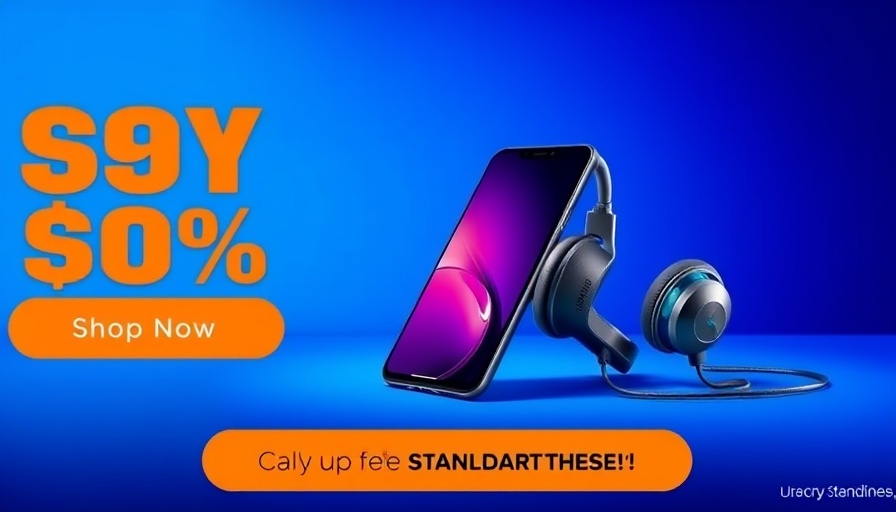 Discount ad featuring smartphone and headphones, vibrant promo.