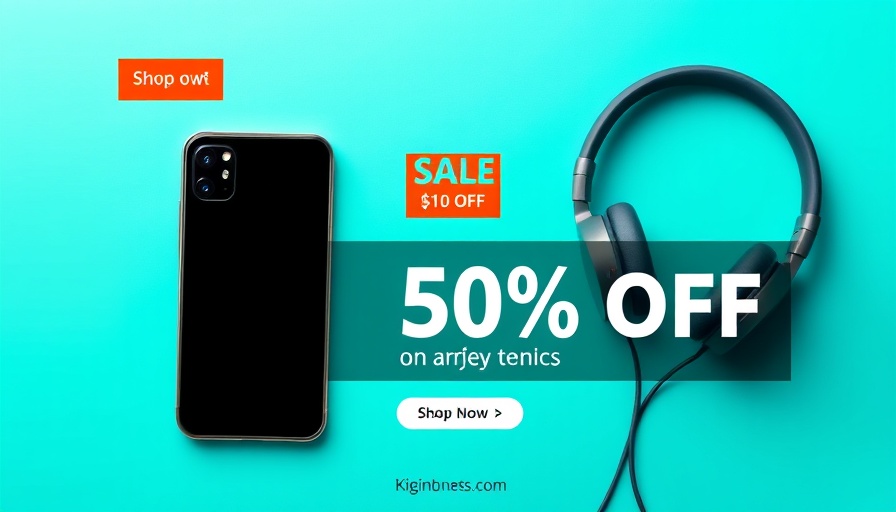 Modern ad with smartphone and headphones in vibrant teal.