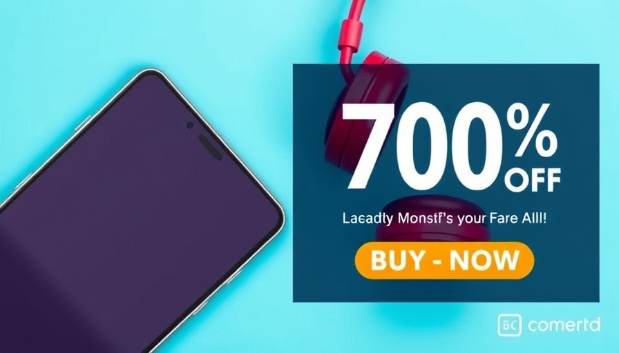 Promotional banner with discount offer, smartphone, headphones, and 'Buy Now' button