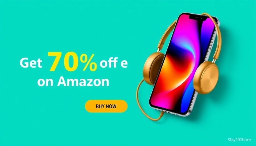 Advertisement with smartphone and headphones, turquoise backdrop.