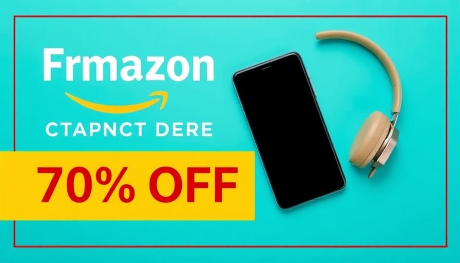 Vibrant ad with smartphone and headphones on teal background.