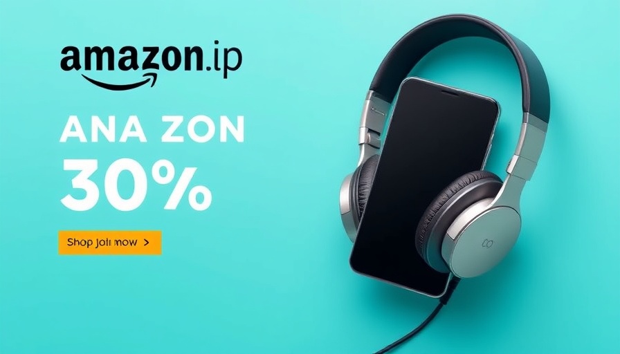 Minimalist ad with smartphone and headphones on turquoise background.