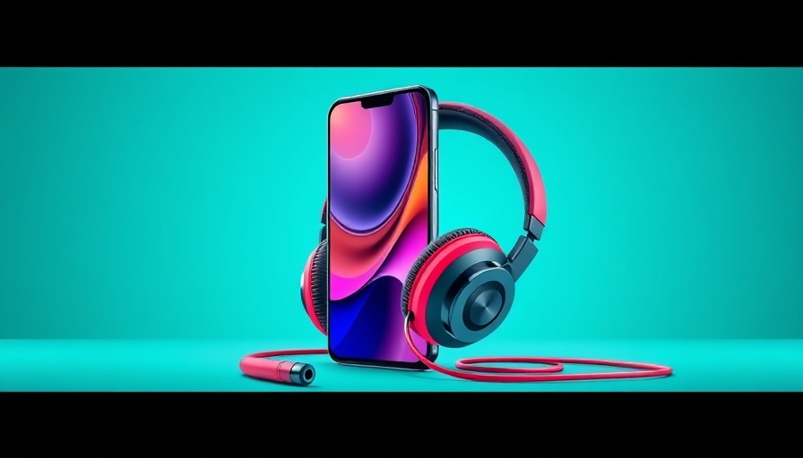 Vibrant electronics ad with smartphone and headphones, promoting discounts.