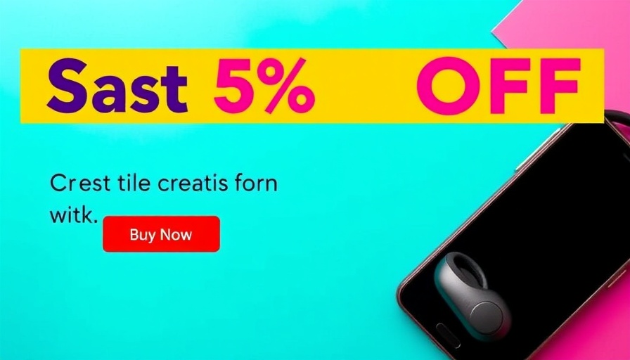 Promotional banner with smartphone and headphones highlighting discount offer.