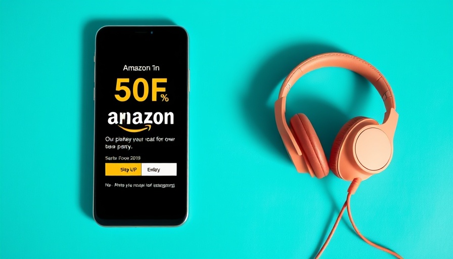 Vibrant advertisement displaying discount offer on Amazon with smartphone and headphones, bright teal background.