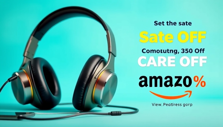 Modern digital advertisement for Amazon discount with smartphone and headphones