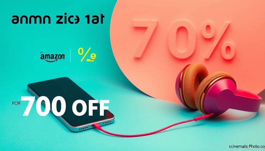 Amazon discount ad with smartphone and headphones, vibrant and modern design.
