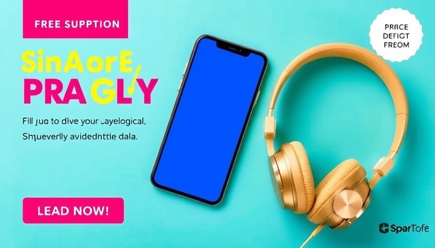 Vibrant advertisement with tech gadgets on turquoise background.