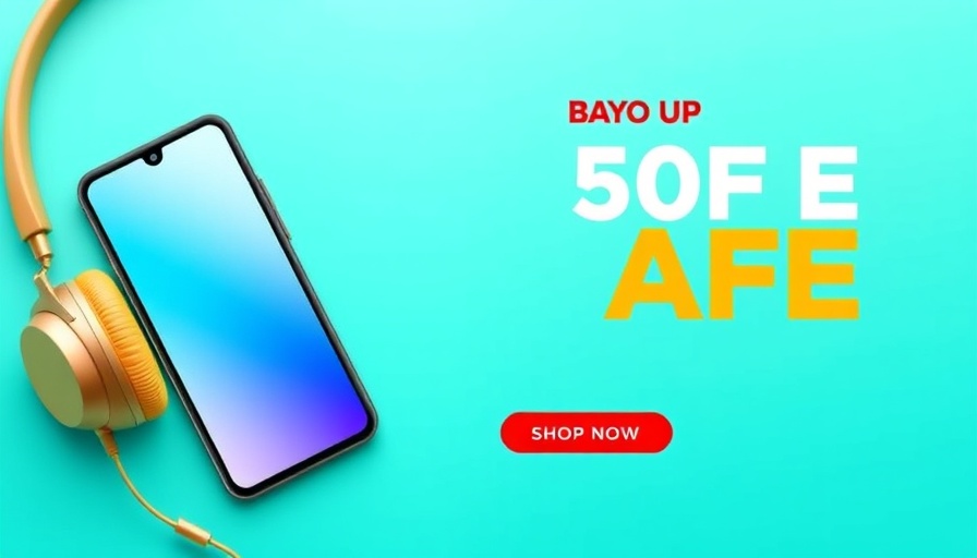 Promotional banner with smartphone and headphones offering Amazon discount.