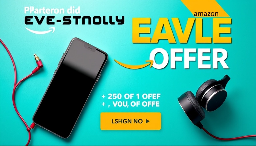 Amazon discount banner with smartphone and headphones.