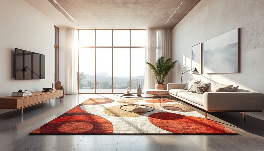 Stylish rug on concrete floor in modern living room.