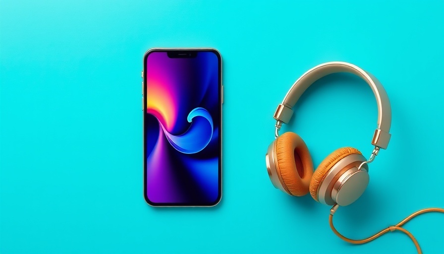Ad banner with smartphone and headphones on turquoise background
