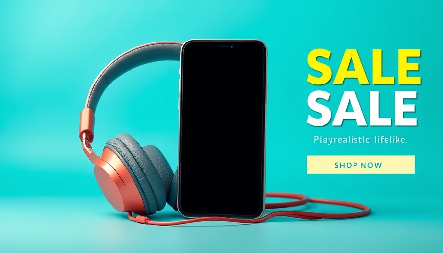 Vibrant promotional banner with electronics on teal background.
