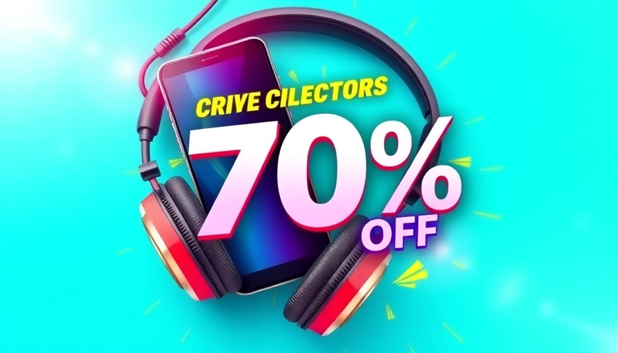 Colorful ad banner with phone and headphones promoting Amazon discount.