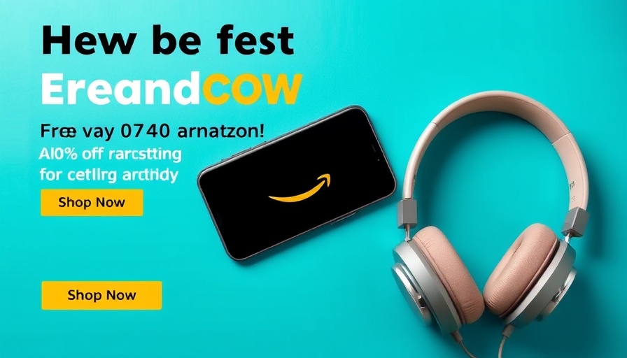 Vibrant Amazon discount banner with smartphone and headphones.