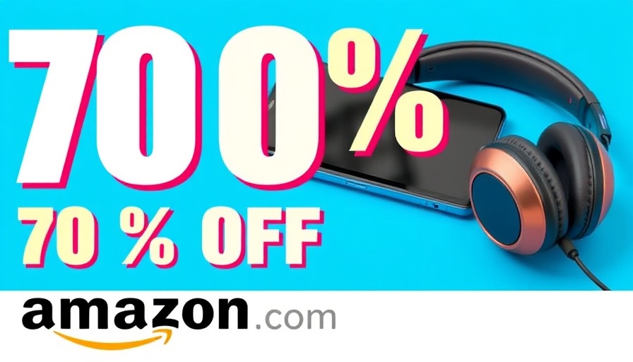 Amazon 70% discount banner with phone and headphones on blue background.