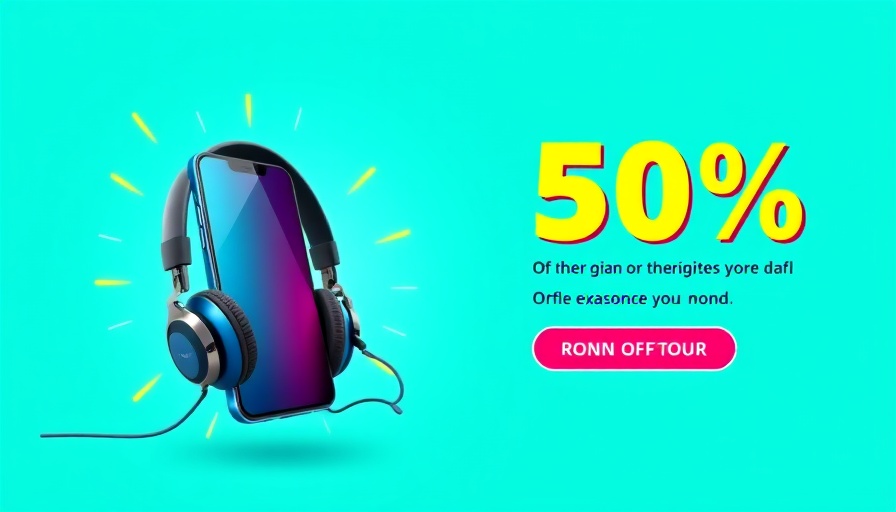 Modern ad banner showcasing a smartphone and headphones with discount offer.