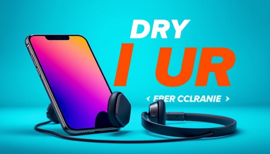 Discount ad featuring smartphone and headphones, vibrant turquoise backdrop.