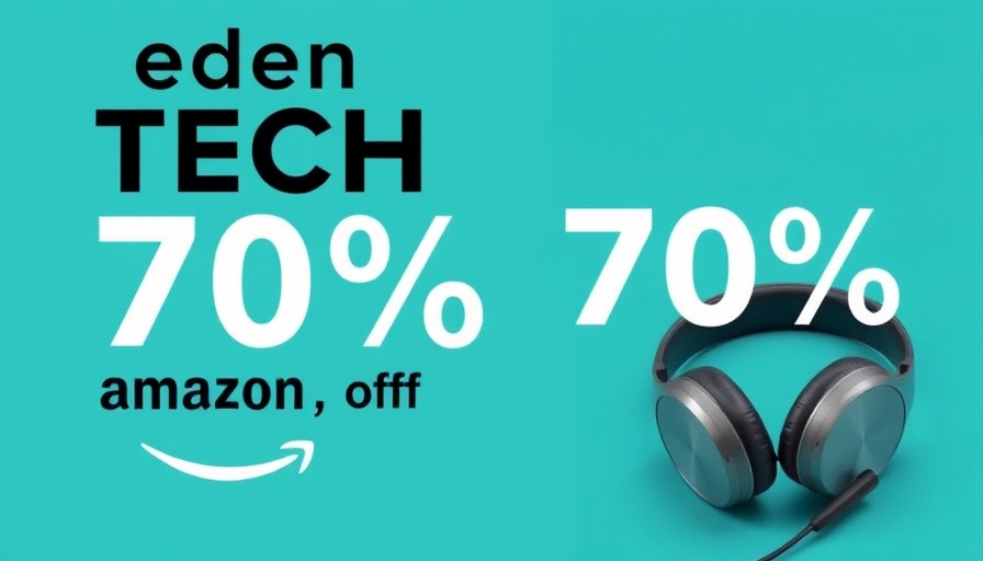 Amazon tech sale banner featuring smartphone and headphones with teal background.