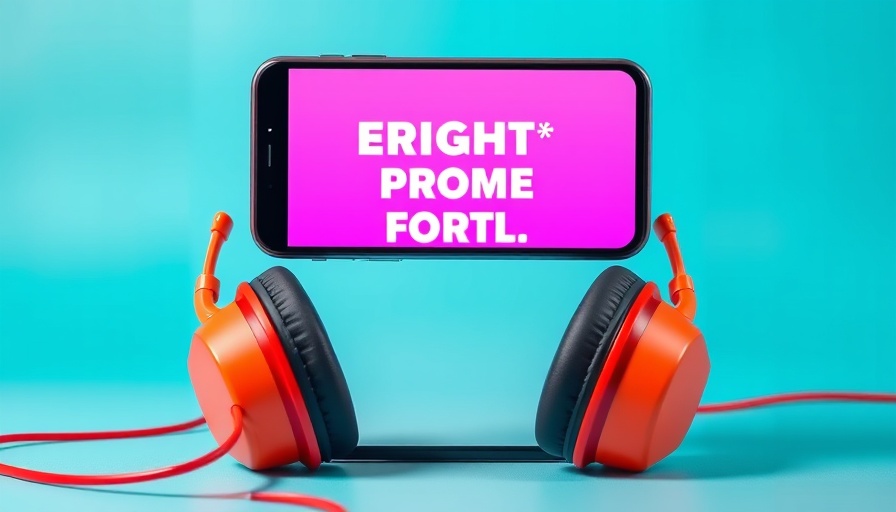 Promotional banner with phone and headphones on turquoise background.