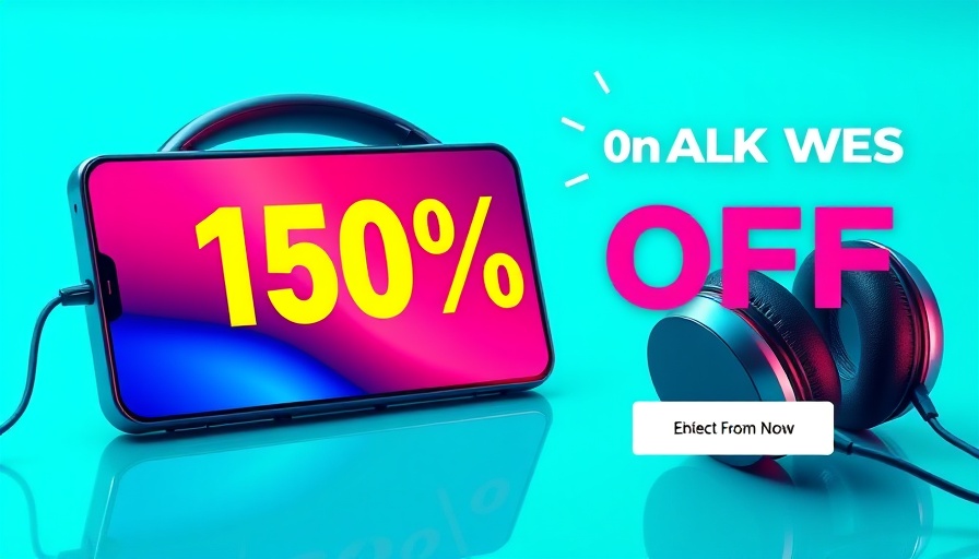 Vibrant ad banner offering discount on smartphone and headphones.