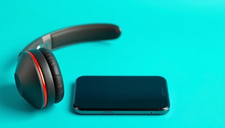 Modern smartphone and headphones on a turquoise background.