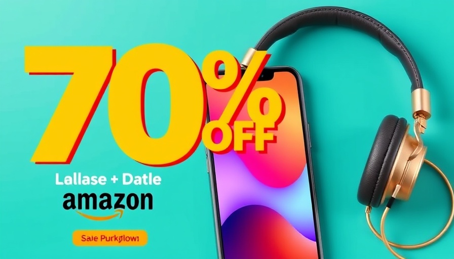 Amazon discount banner with smartphone and headphones offer.