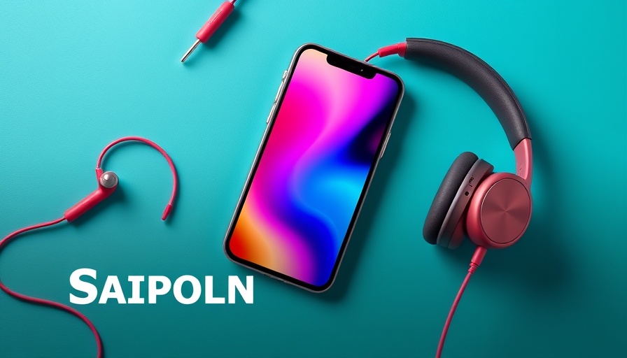 Modern ad banner with smartphone and headphones, vibrant turquoise.