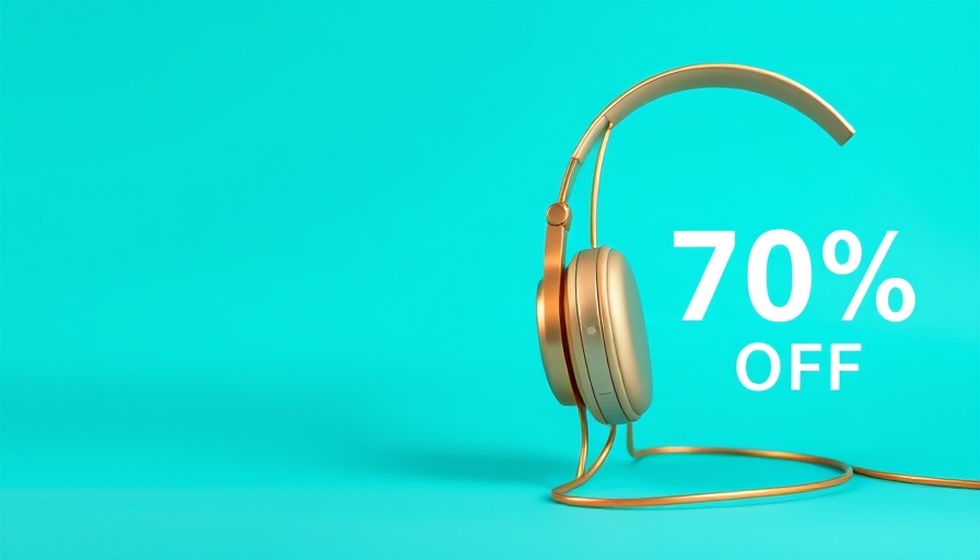 Minimalistic ad banner with smartphone and headphones, 70% discount offer.