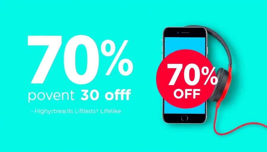 Vibrant ad banner with smartphone and headphones, turquoise background.