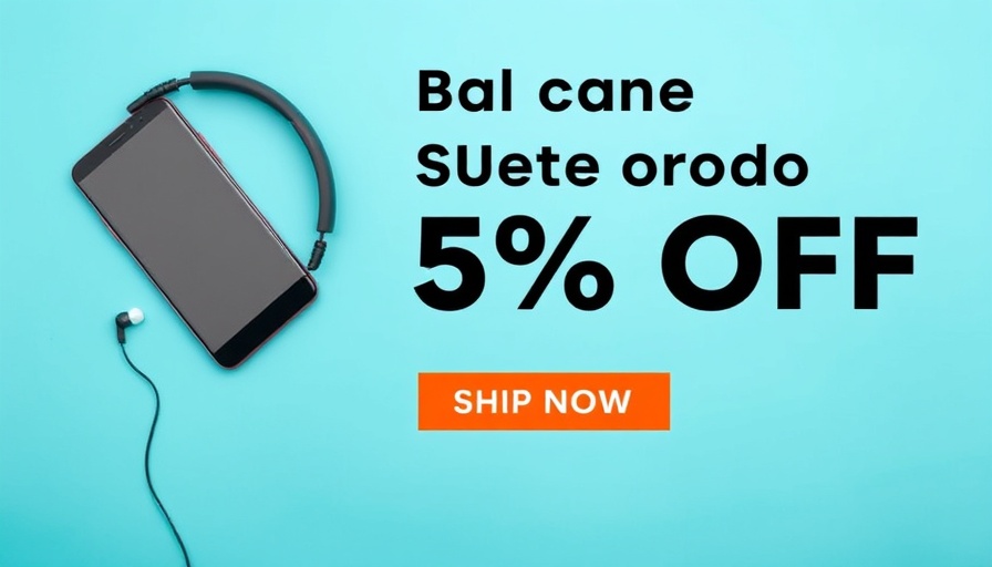 Advertisement featuring smartphone and headphones with discount offer