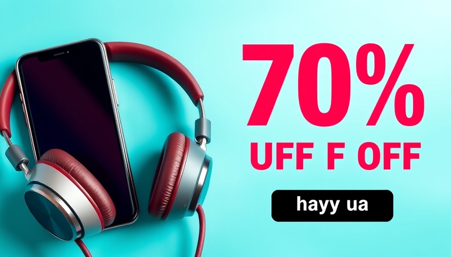 Vibrant ad banner with phone and headphones, 70% Amazon discount.