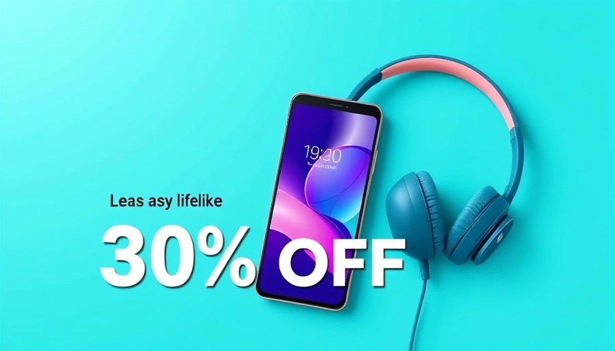 Vibrant banner with smartphone and headphones offering discount