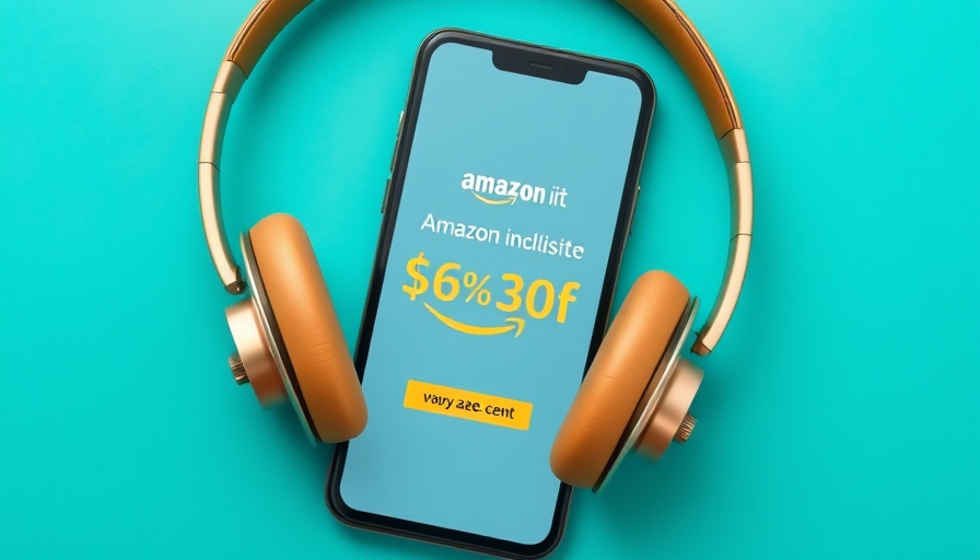 Promotional ad featuring a smartphone and headphones with discount offer.