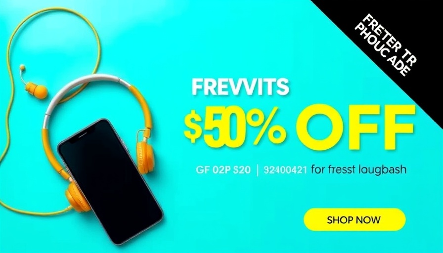 Promotional banner with smartphone and headphones on turquoise background.