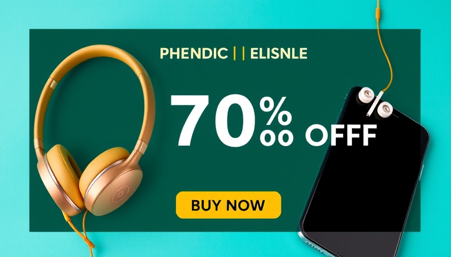 Vibrant ad banner with smartphone and headphones offering discounts.