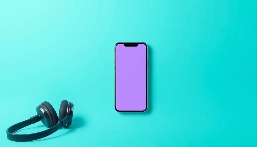 Simple promotional ad with smartphone and headphones on turquoise.